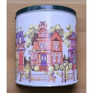Round 7 3/4" Metal Tin Canister Container Green Lid Needlepoint Victorian Houses